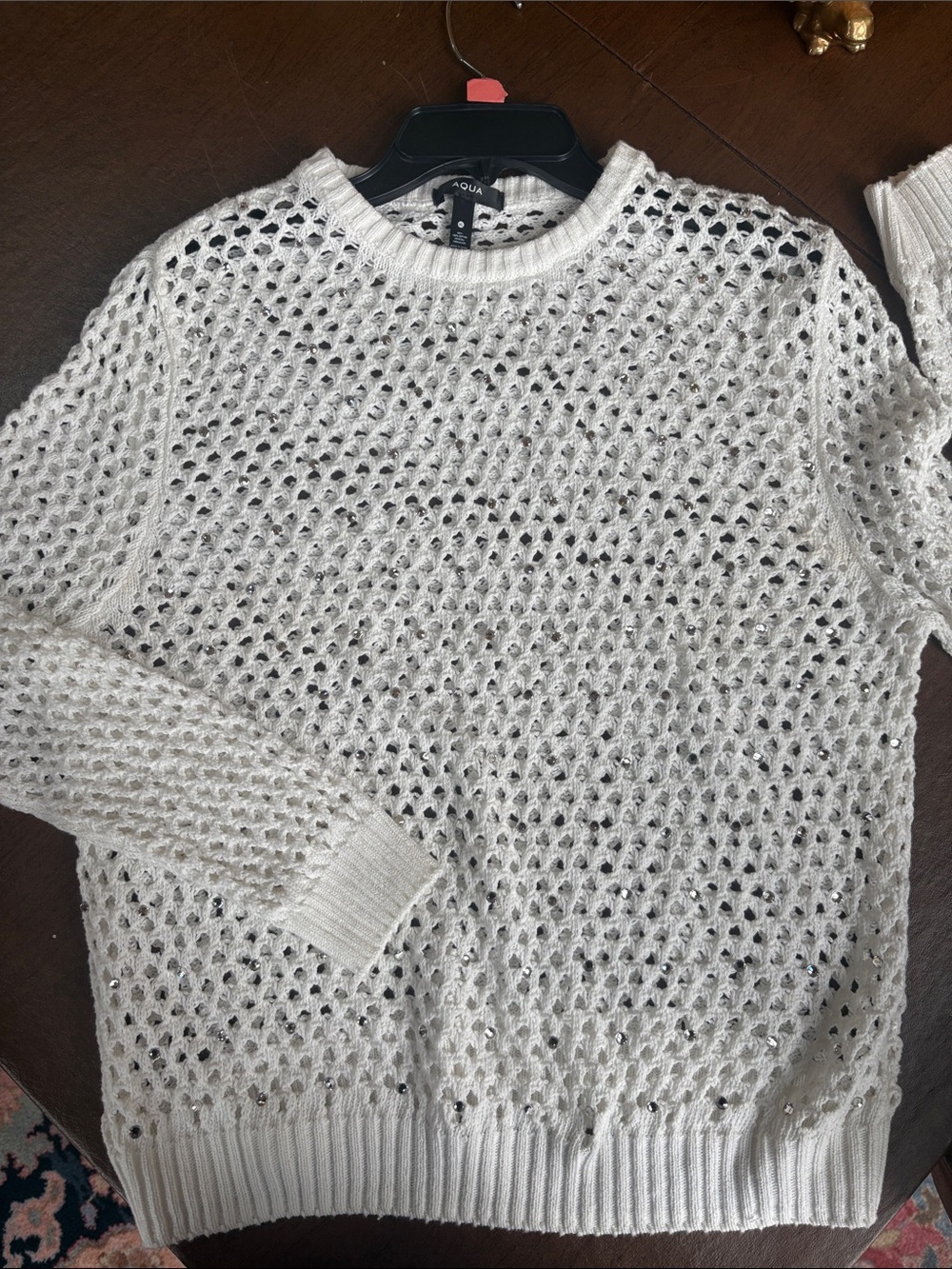 AQUA White Open-Knit crystal Crewneck Sweater